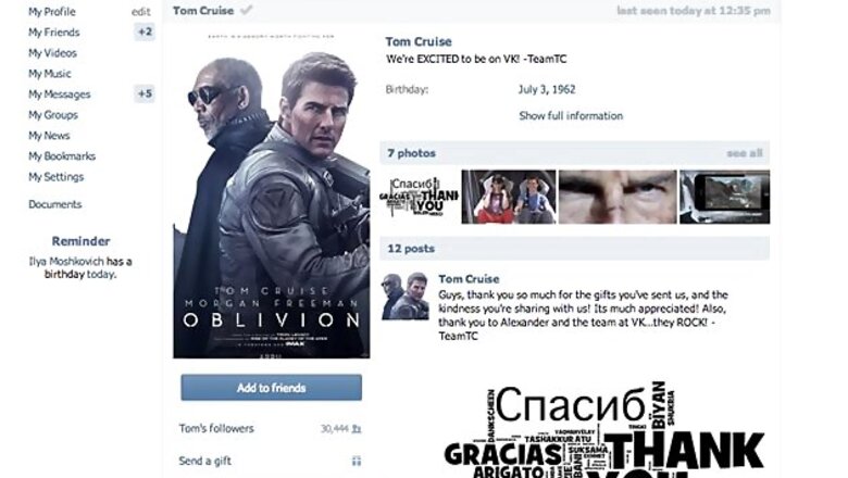 Tom Cruise sets up page on Russian social network Vkontakte