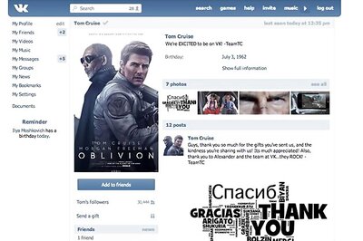 Tom Cruise sets up page on Russian social network Vkontakte