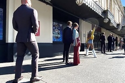 VIP waxworks socially-distance outside London's Madame Tussauds